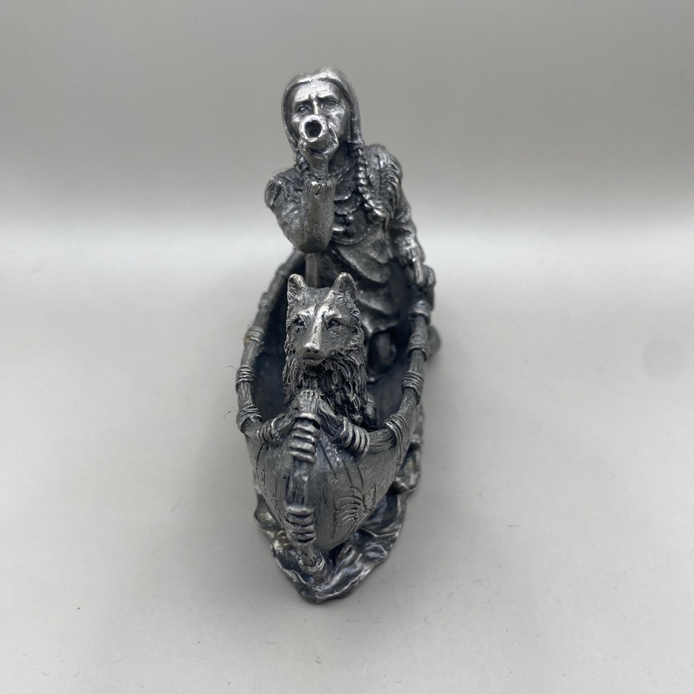 Pewter Native American Indian and Wolf Canoe Paddle Western Figurine - Picture 3 of 5